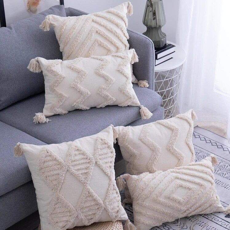 Cream Tufted Geometric Tassel Cushion Cover