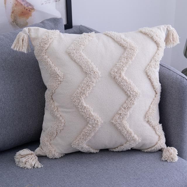Cream Tufted Geometric Tassel Cushion Cover