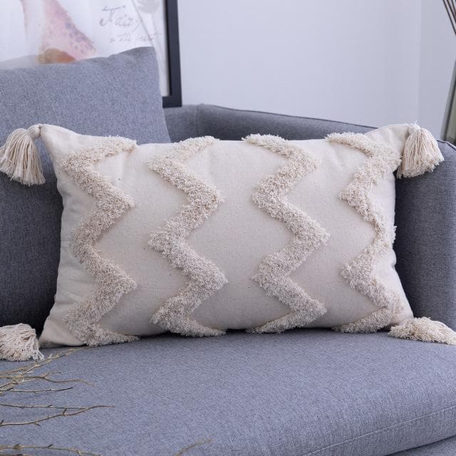 Cream Tufted Geometric Tassel Cushion Cover