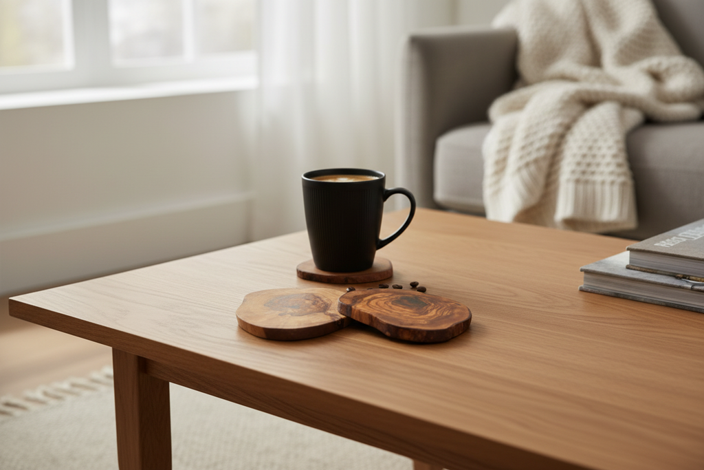 Olive wood coaster set styled with a black mug on a wooden table.