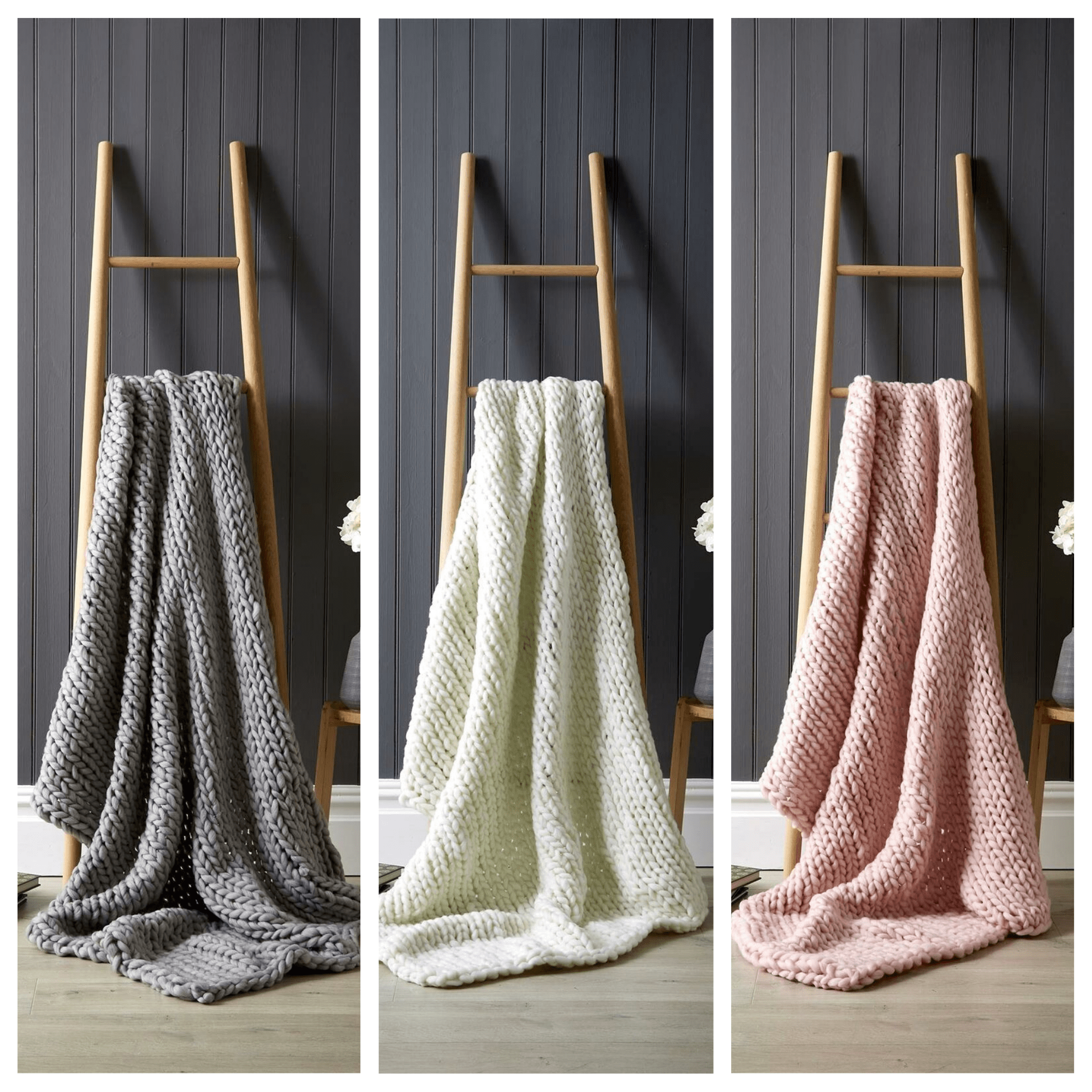 Cream, Grey, Pink chunky knit throw draped over a wooden ladder in a calm neutral interior.