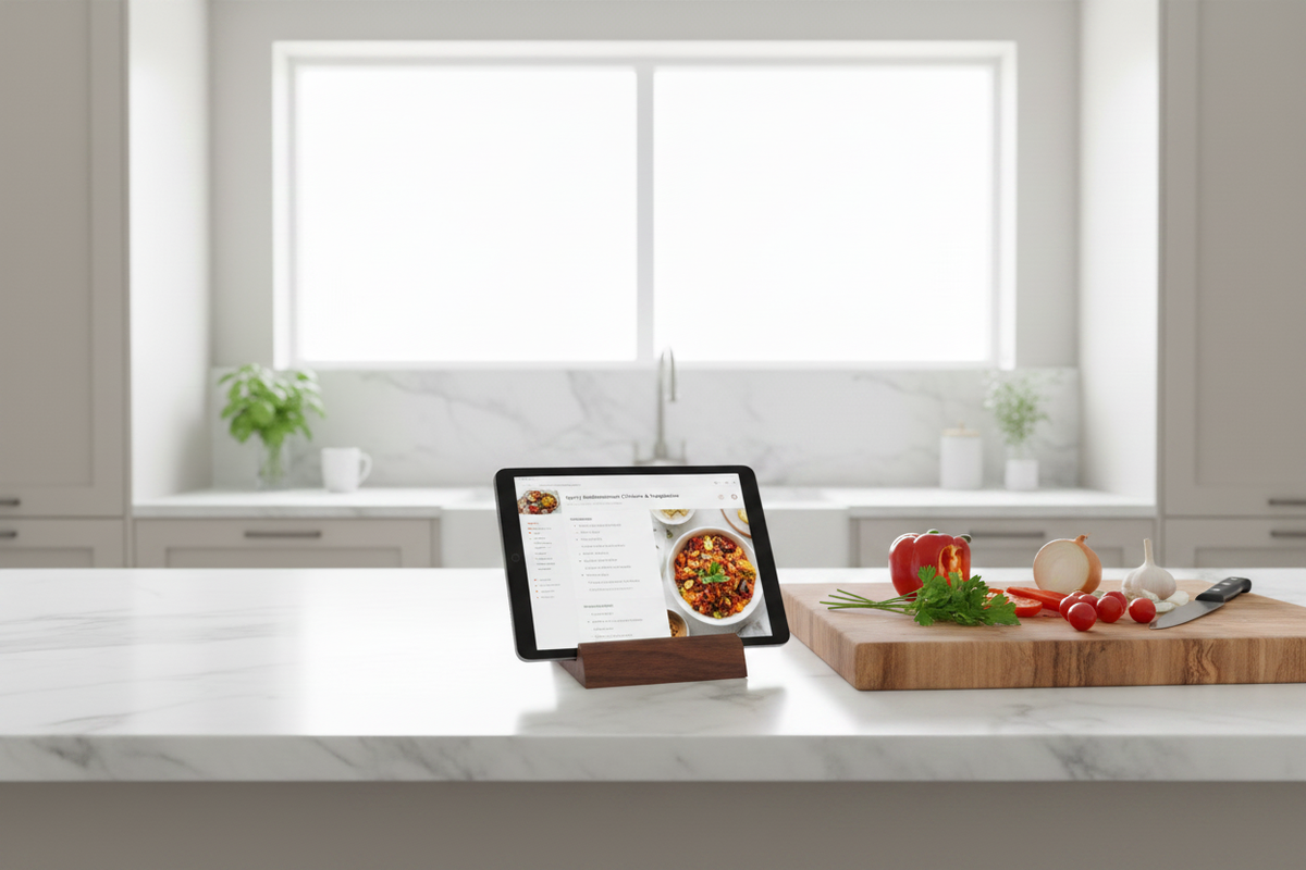 Walnut Wood Tablet Stand - recipe kitchen scene